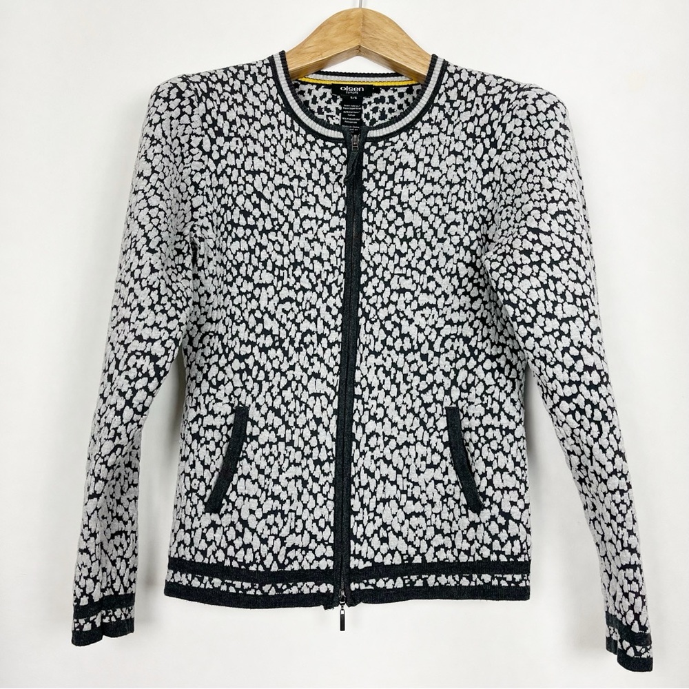 Olsen Europe Grey & Black Zippered Cardigan Jacket Size Small Pockets Crewneck‎